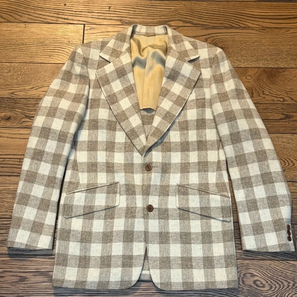 Vintage Topman 3pc.‎ Tan & Cream Buffalo Plaid Wool Suit Size Medium-ish C35